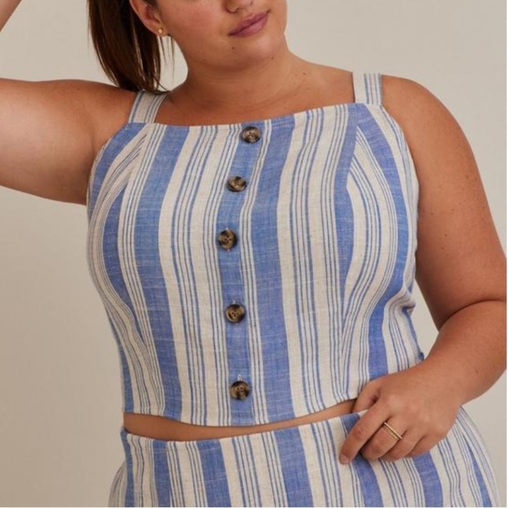 NWT Torrid Linen Blend Button-Front Striped Crop Tank Top Blue Cream
